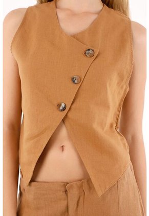 Tennis Chaleco En 100% Lino De Diseño Cruzado Café Para Mujer