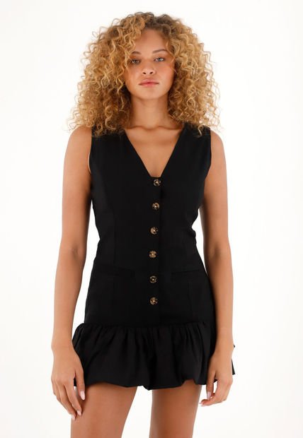 Vestido Corto Negro Con Falda Globo Para Mujer