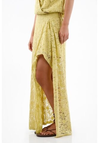 Tennis Falda Larga Para Mujer En Algodón Amarillo Pastel Fit Fluido Con Encaje Floral Tennis