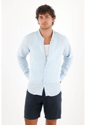 Tennis Camisa En 100% Lino Azul Con Detalle Fruncido Para Hombre Tennis