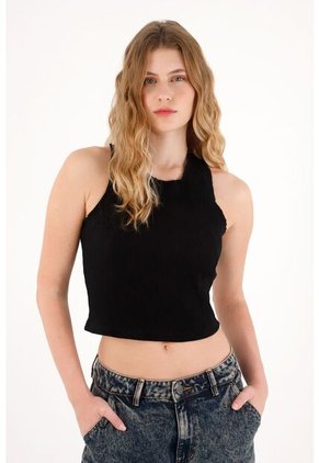 Tennis Camiseta Negra En Rib Manga Sisa Para Mujer