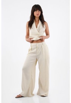 Tennis Pantalón Para Mujer De Poliéster Beige Wide Leg Con Textura Arrugada