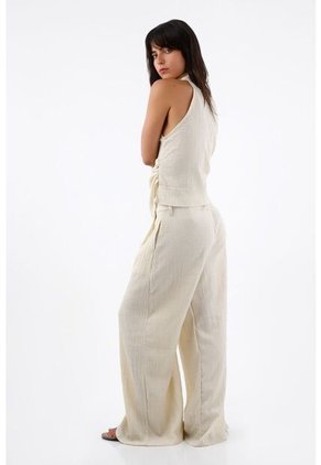 Tennis Pantalón Para Mujer De Poliéster Beige Wide Leg Con Textura Arrugada