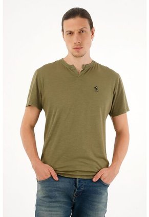 Camiseta Verde Con Abertura En V Para Hombre