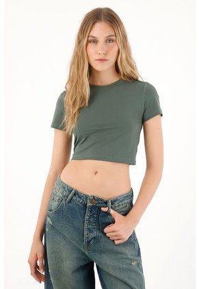 Camiseta Manga Corta Ajustada Gris Para Mujer