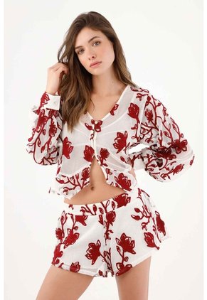 Tennis Bermuda Fit Relajado Con Estampado Floral Rojo En Poliéster Blanco Para Mujer