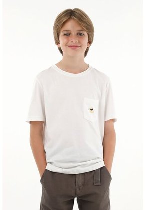 Camiseta Blanca Con Bordado Y Bolsillo Para Niño