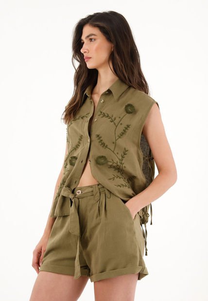 Bermuda Verde En 100% Lino Para Mujer