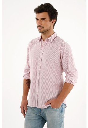 Camisa Rosada A Rayas Manga Larga Para Hombre
