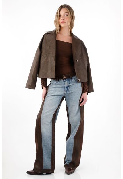 Chaqueta Con Efecto Cuero Café Para Mujer