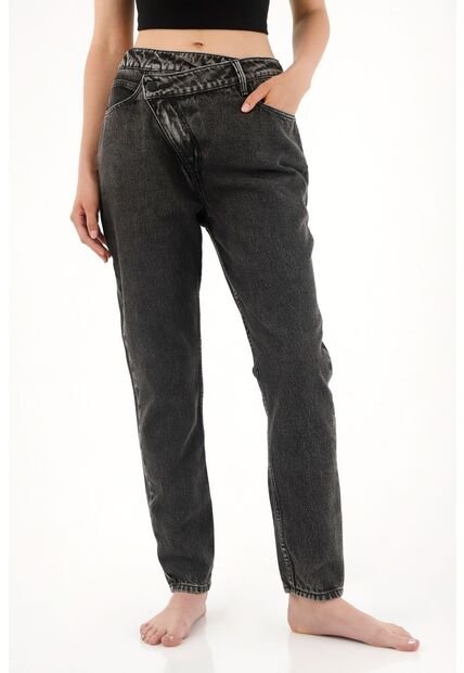 Tennis Jean Mom Tiro Alto En Black Denim Para Mujer