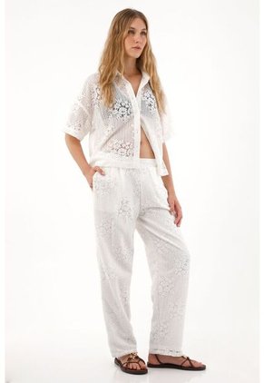 Tennis Pantalón Recto En Tela Bordada Crudo Para Mujer