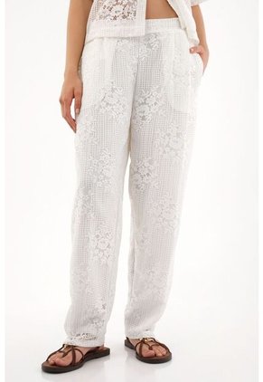 Tennis Pantalón Recto En Tela Bordada Crudo Para Mujer