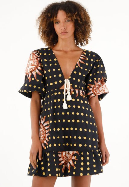 Vestido Negro Estampado Manga Corta Para Mujer
