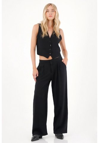 Tennis Pantalón Recto Con Prenses En Frente Negro Para Mujer Tennis