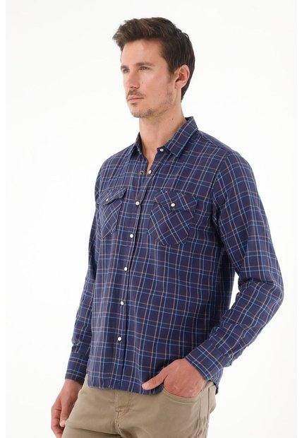 Tennis Camisa A Cuadros Cuello Clásico Azul Para Hombre
