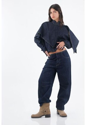 Tennis Jean Para Mujer En Denim Azul Oscuro Fit Holgado Con Cintura Desflecada