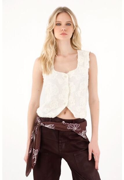 Tennis Chaleco Con Detalle Bordado Sobrepuesto Crudo Para Mujer
