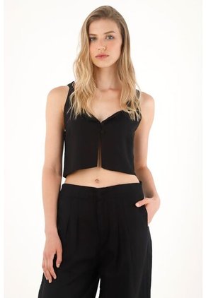 Tennis Camisa Crop En 100% Lino Negra Para Mujer