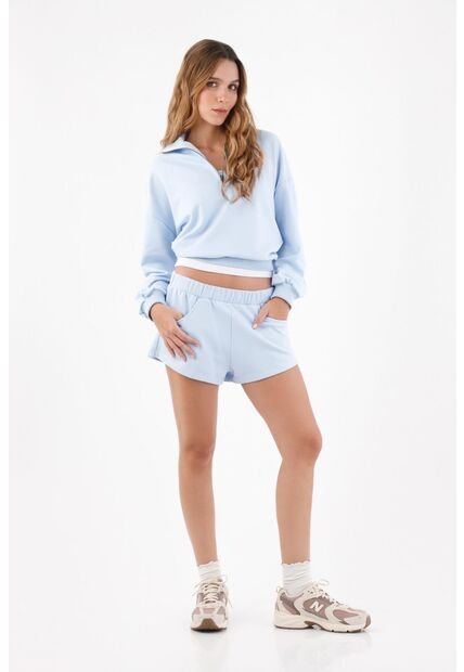 Tennis Bermuda Para Mujer En Algodón Azul Cielo Fit Relajado Con Pretina Elástica Ancha