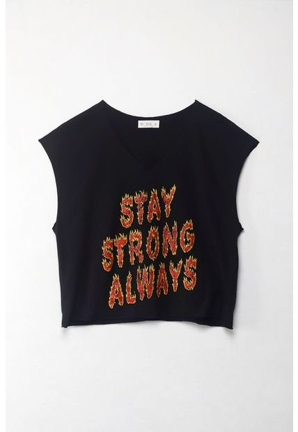 Camiseta Boxy Fit Manga Sisa Negra Para Mujer