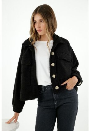 Chaqueta De Mujer, Silueta Oversized Afelpada, Color Negro