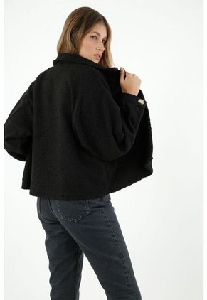 Chaqueta De Mujer, Silueta Oversized Afelpada, Color Negro