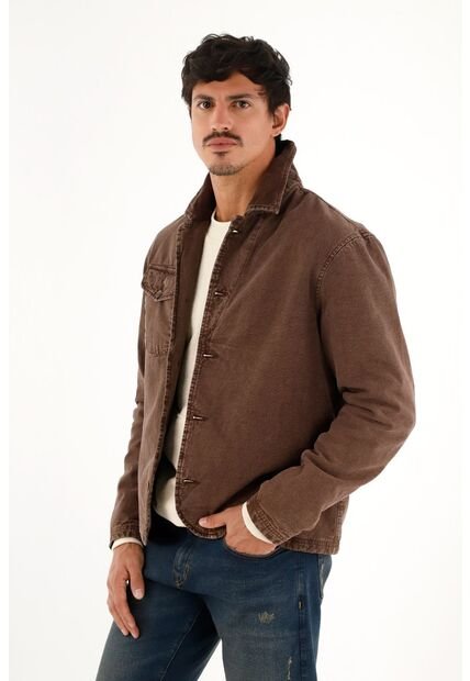 Abrigo Con Cuello En Corduroy Café Para Hombre