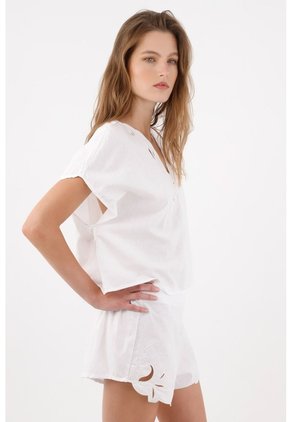Tennis Camisa Relajada Con Escote V Calado De Algodón Blanco Para Mujer