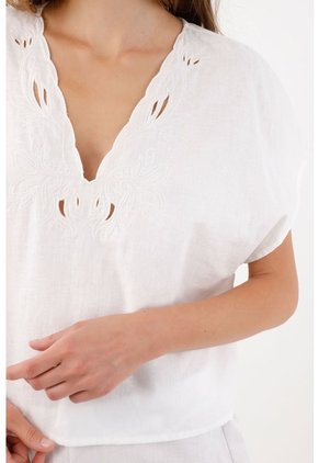 Tennis Camisa Relajada Con Escote V Calado De Algodón Blanco Para Mujer