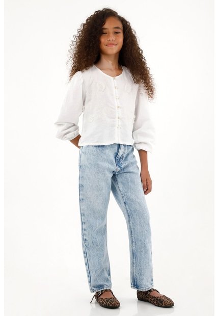 Camisa Blanca De Manga Larga Con Volumen Para Niña