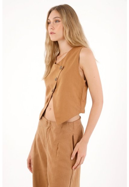 Tennis Chaleco En 100% Lino De Diseño Cruzado Café Para Mujer