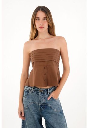 Tennis Camisa Strapless De Botones Café Para Mujer