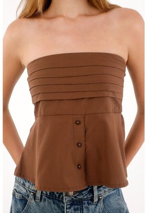 Tennis Camisa Strapless De Botones Café Para Mujer