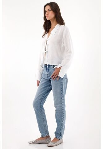 Tennis Camisa En 100% Lino Con Tiras Que Anudan En Frente Blanca Para Mujer Tennis