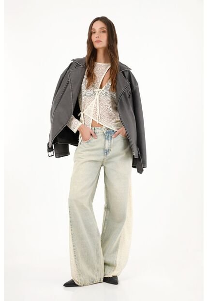 Tennis Jean Wide Leg Tiro Alto Con Encaje En Laterales Para Mujer