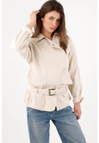 Tennis Cazadora Fit Relajado Con Cinturón De Algodón Beige Para Mujer Tennis