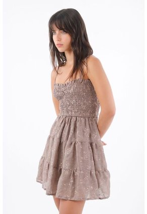 Tennis Vestido Corto Para Mujer En Poliéster Taupe Fit Evasé Con Cuerpo Fruncido