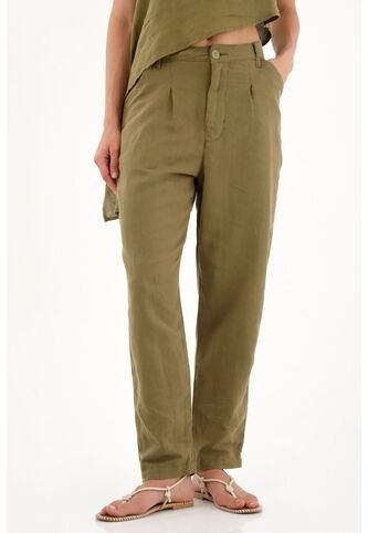 Pantalón Clásico Verde En 100% Lino Para Mujer Tennis