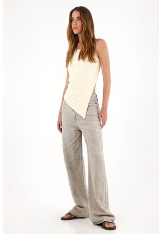 Tennis Jean Wide Leg De Tiro Alto Con Desgastes Y Textura Para Mujer Tennis