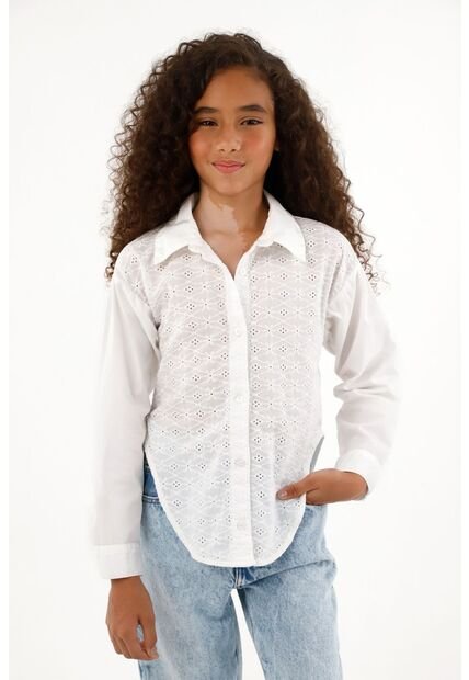 Camisa Clásica Con Ojalillo Blanca Para Niña