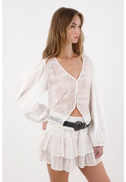 Tennis Camisa Con Transparencia Y Bordado Crudo Para Mujer