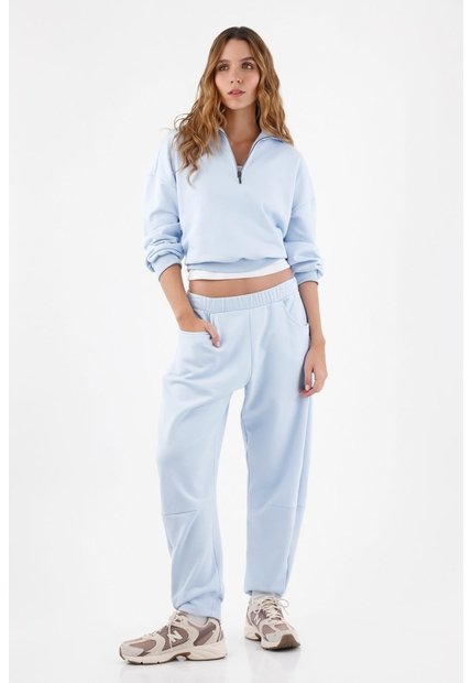 Tennis Buzo Para Mujer En Algodón Azul Cielo Fit Relajado Con Media Cremallera
