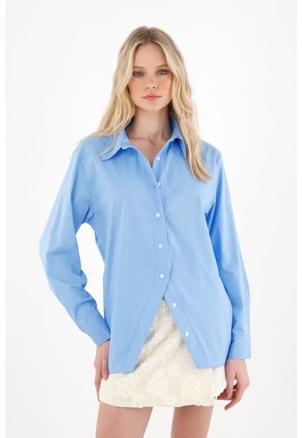 Camisa Manga Larga Con Abertura En Perilla Azul Para Mujer