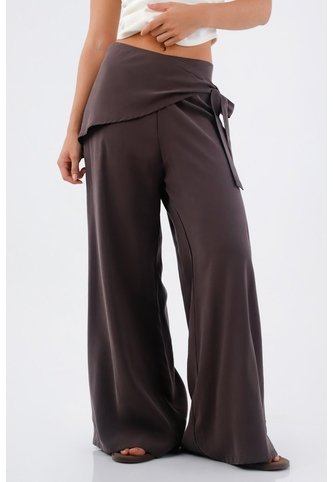 Tennis Pantalón Para Mujer De Tejido Fluido Marrón Palazzo Con Cintura Cruzada Tennis
