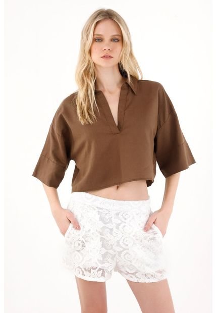 Short De Tela Con Textura Crudo Para Mujer