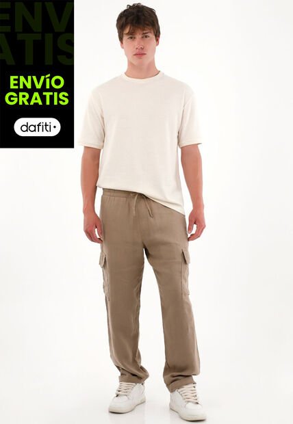 Tennis Pantalón En 100% Lino Bota Recta Café Para Hombre