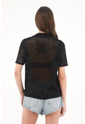 Tennis Camisa En Tejido Abierto Con Flores Negra Para Mujer