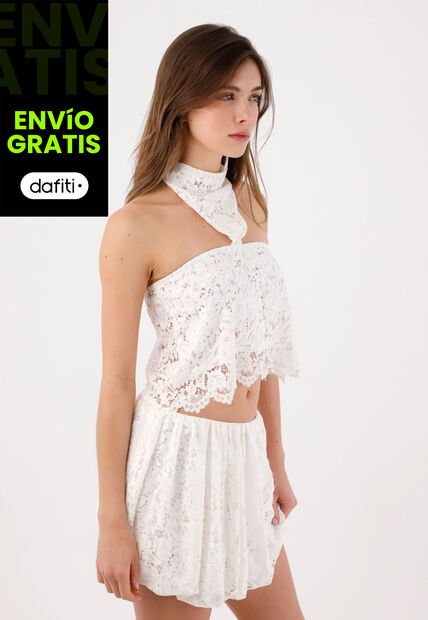 Tennis Top Crop Holgado Con Cuello Halter Cruzado En Encaje Blanco Para Mujer