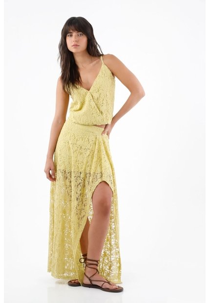 Tennis Top De Tiras Para Mujer En Encaje De Algodón Amarillo Fit Relajado Con Escote Cruzado